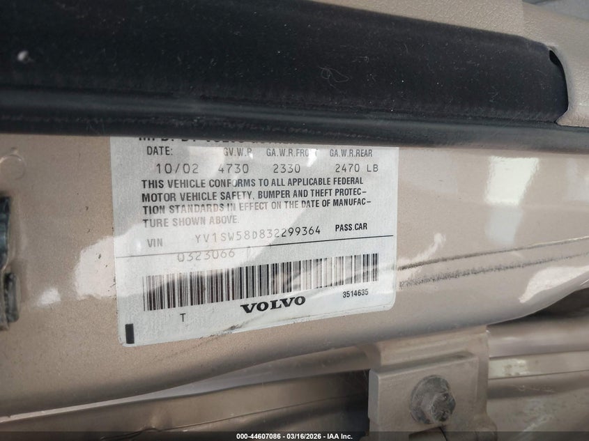 2003 Volvo V70 2.4T VIN: YV1SW58D832299364 Lot: 44607086