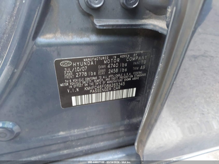 2008 Hyundai Azera Limited VIN: KMHFC46F08A265345 Lot: 44607159