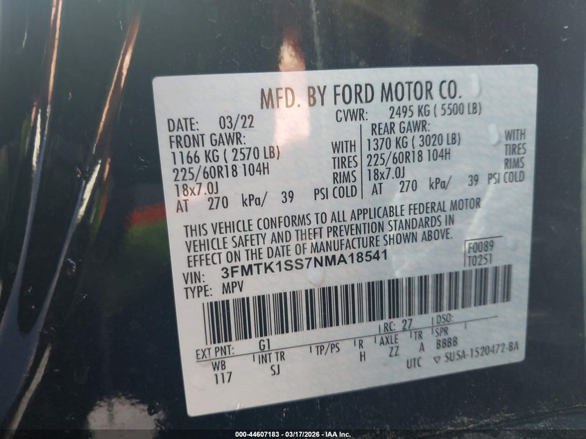 2022 Ford Mustang Mach-E Select VIN: 3FMTK1SS7NMA18541 Lot: 44607183