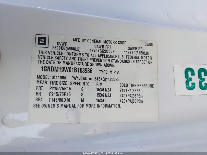 2001 Chevrolet Astro Ls VIN: 1GNDM19W01B103936 Lot: 44607402