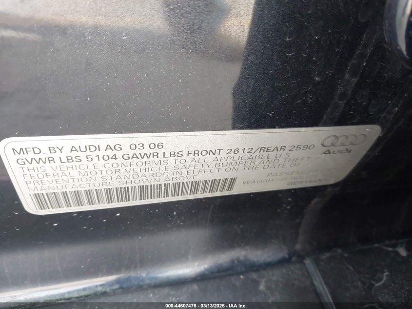 2006 Audi A6 3.2 VIN: WAUAH74F76N164102 Lot: 44607476