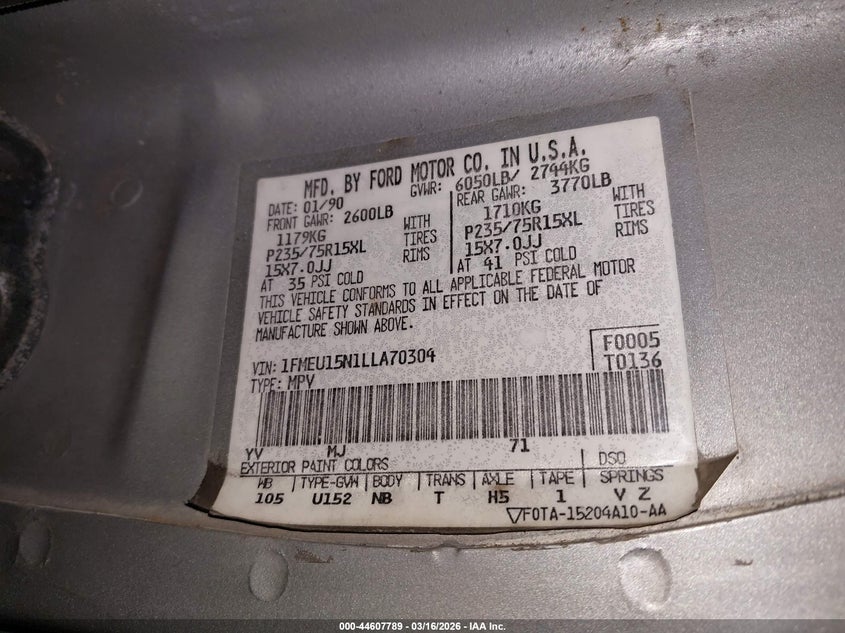 1990 Ford Bronco U100 VIN: 1FMEU15N1LLA70304 Lot: 44607789