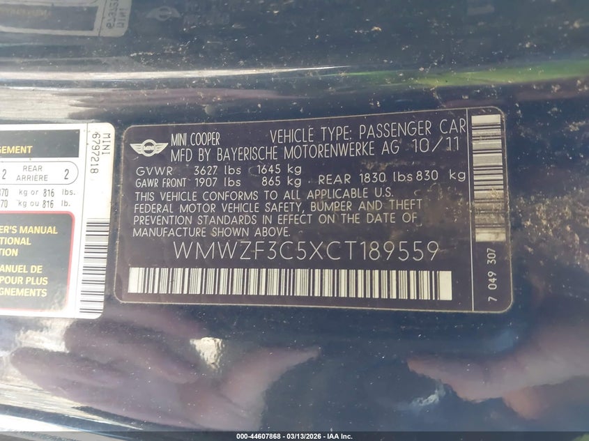 2012 Mini Cooper Clubman VIN: WMWZF3C5XCT189559 Lot: 44607868
