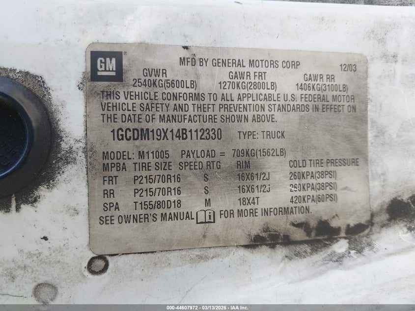 2004 Chevrolet Astro VIN: 1GCDM19X14B112330 Lot: 44607972