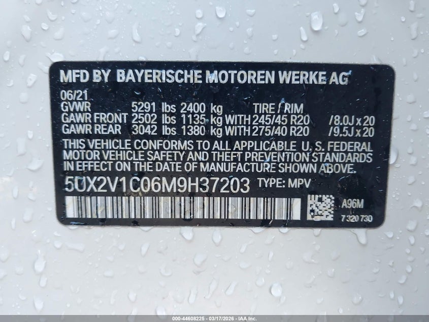 2021 BMW X4 xDrive30I VIN: 5UX2V1C06M9H37203 Lot: 44608225