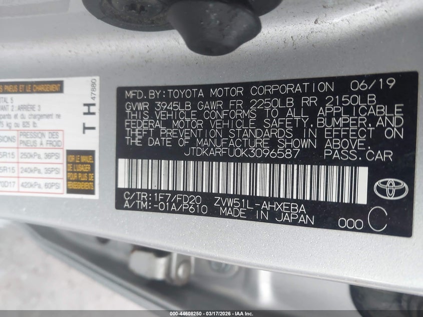 2019 Toyota Prius Le VIN: JTDKARFU0K3096587 Lot: 44608250