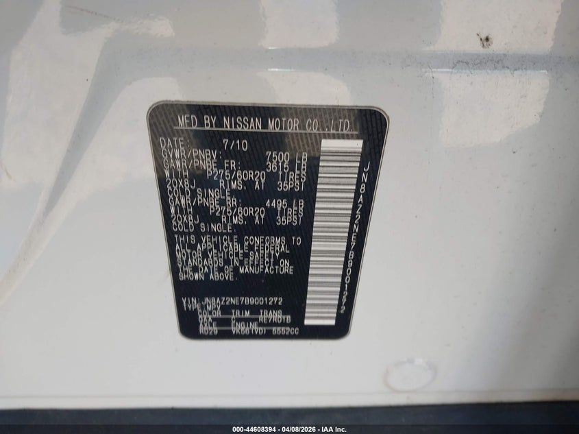 2011 Infiniti Qx56 VIN: JN8AZ2NE7B9001272 Lot: 44608394