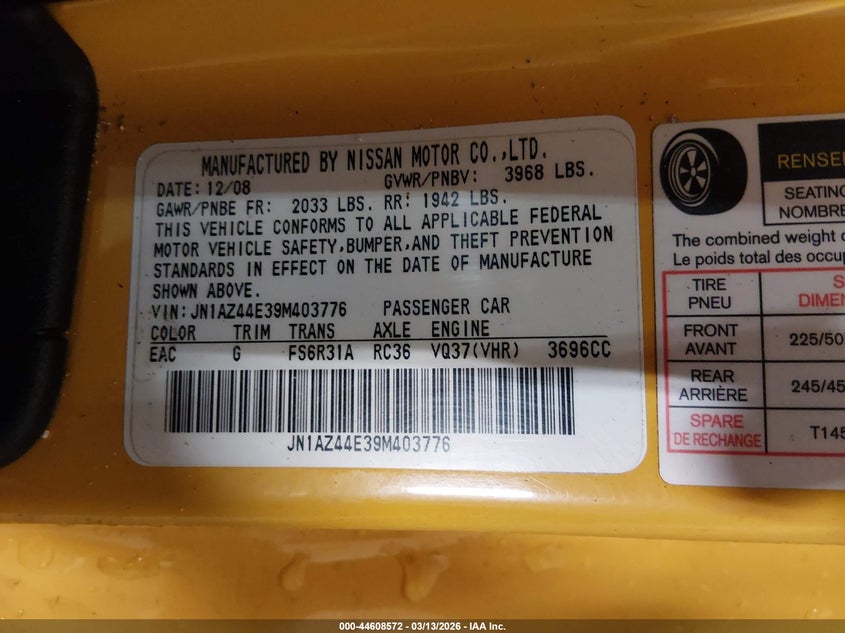 2009 Nissan 370Z VIN: JN1AZ44E39M403776 Lot: 44608572