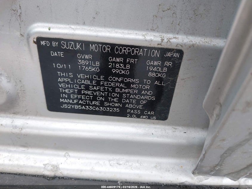 2012 Suzuki Sx4 Premium/Tech Valu Pkg (Nav) VIN: JS2YB5A33C6303235 Lot: 44609179