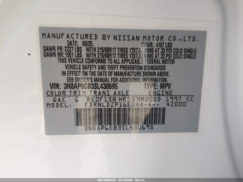 2025 NISSAN KICKS 2.0L I-4 DOHC, VVT, (VIN: 3N8AP6CB3SL430695