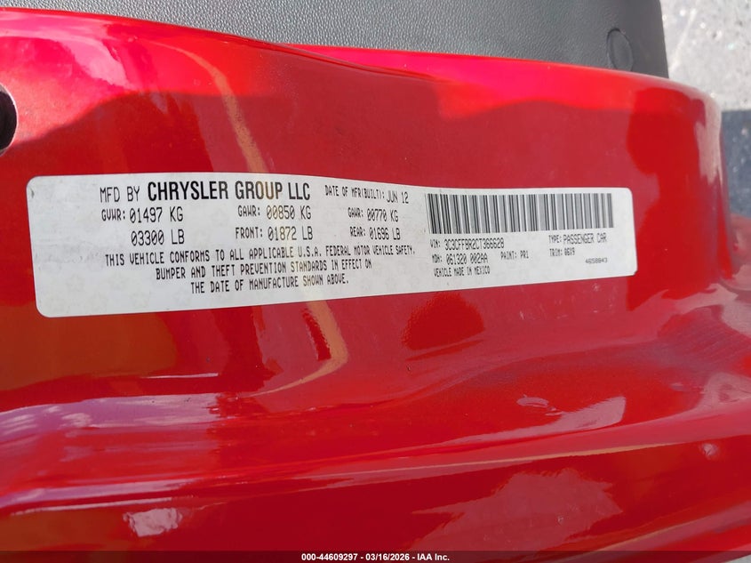 2012 Fiat 500 1.4 Sport red Lot 111044609297 Vin 3C3CFFBR2CT366628