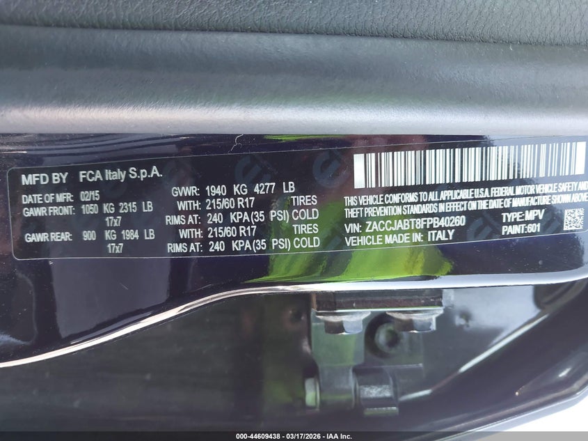 2015 Jeep Renegade Latitude VIN: ZACCJABT8FPB40260 Lot: 44609438