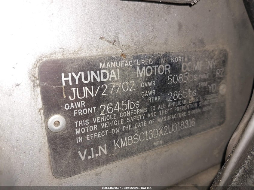 2002 Hyundai Santa Fe Gls/Lx VIN: KM8SC13DX2U318316 Lot: 44609507