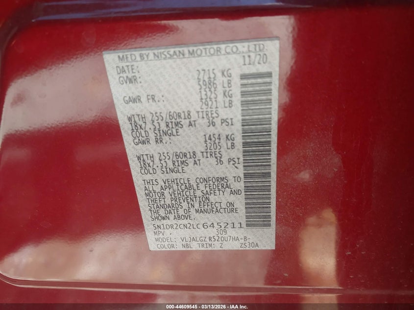 VIN 5N1DR2CN2LC645211 2020 NISSAN PATHFINDER SL 2WD
