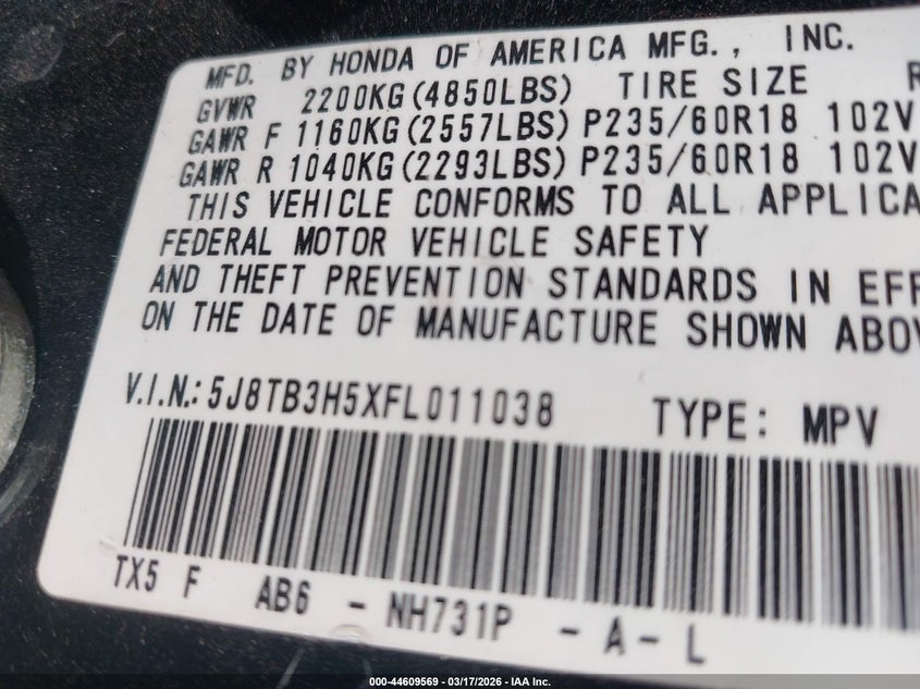 2015 Acura Rdx VIN: 5J8TB3H5XFL011038 Lot: 44609569