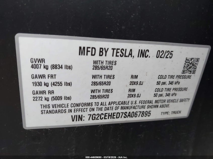 2025 Tesla Cybertruck All-Wheel Drive VIN: 7G2CEHED7SA067895 Lot: 44609690