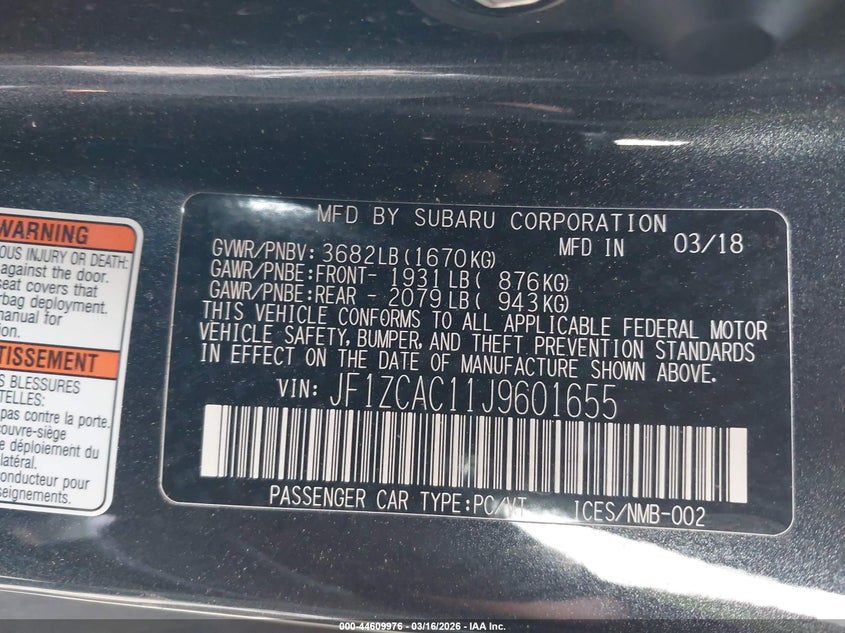 2018 Subaru Brz Limited VIN: JF1ZCAC11J9601655 Lot: 44609976