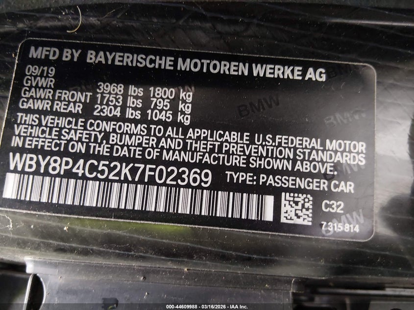 2019 BMW I3 120Ah W/Range Extender VIN: WBY8P4C52K7F02369 Lot: 44609988