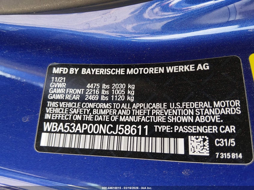 2022 BMW 430I VIN: WBA53AP00NCJ58611 Lot: 44610015