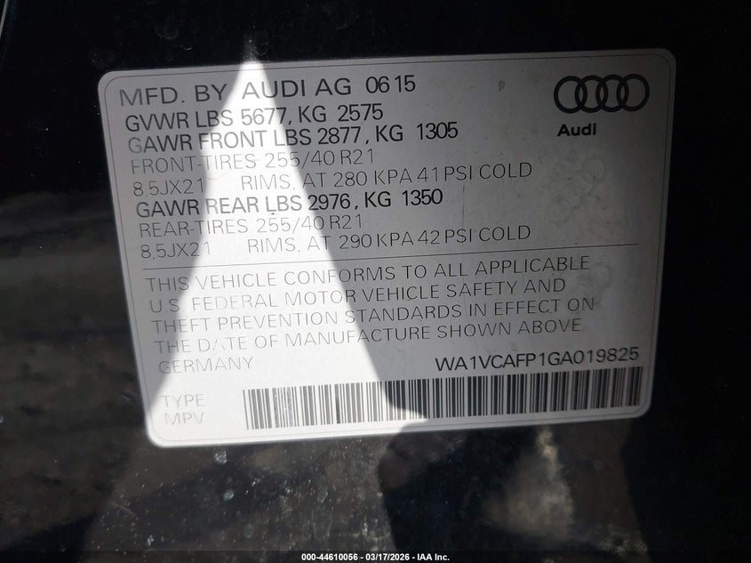 2016 Audi Sq5 3.0T Premium Plus VIN: WA1VCAFP1GA019825 Lot: 44610056