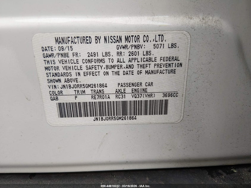 2016 Infiniti Qx50 VIN: JN1BJ0RR5GM261864 Lot: 44610222