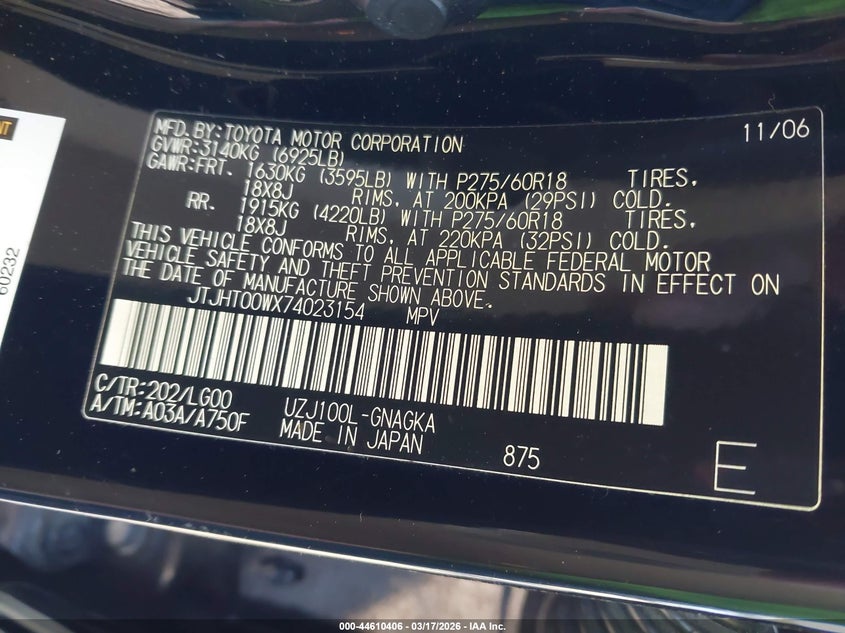 2007 Lexus Lx 470 VIN: JTJHT00WX74023154 Lot: 44610406