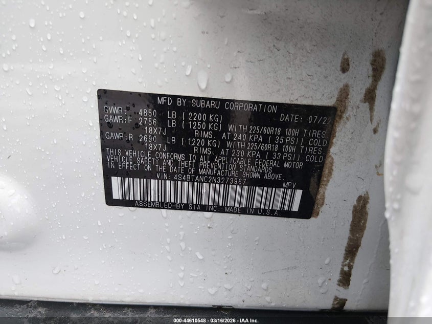 2022 Subaru Outback Limited VIN: 4S4BTANC2N3273967 Lot: 44610548