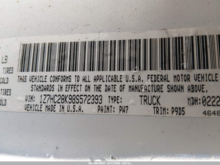 2008 Mitsubishi Raider Ls VIN: 1Z7HC28K98S572393 Lot: 44610639