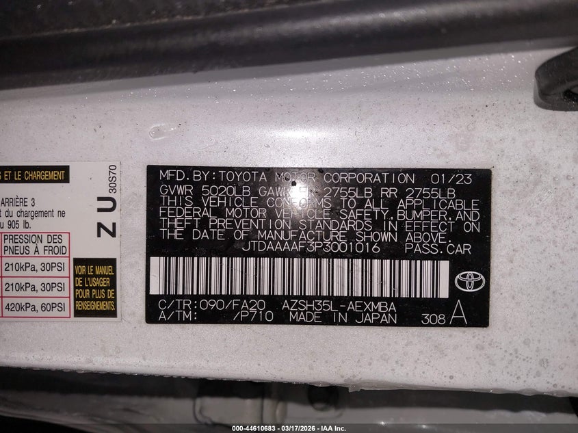 2023 Toyota Crown Xle VIN: JTDAAAAF3P3001016 Lot: 44610683