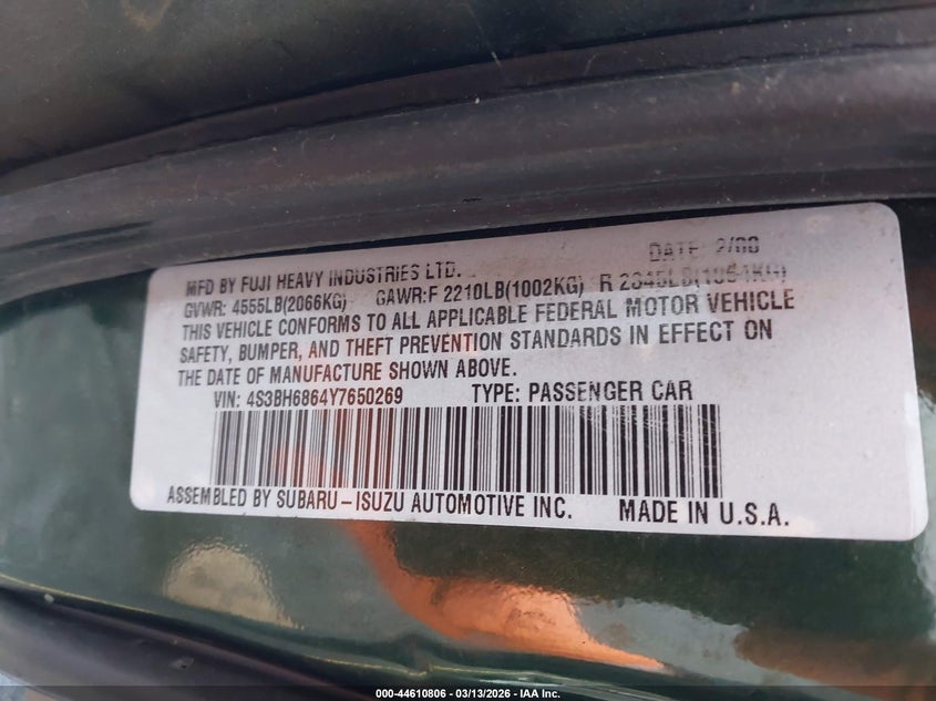 2000 Subaru Outback Limited VIN: 4S3BH6864Y7650269 Lot: 44610806