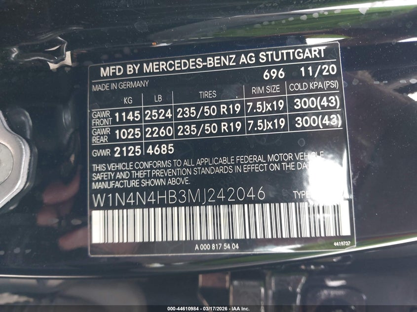 2021 Mercedes-Benz Gla 250 4Matic VIN: W1N4N4HB3MJ242046 Lot: 44610984