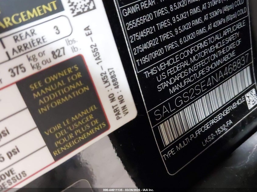 2022 Land Rover Range Rover P525 Westminster VIN: SALGS2SE4NA468837 Lot: 44611135