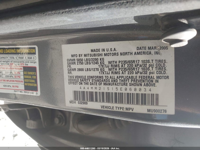 2005 Mitsubishi Endeavor Ls VIN: 4A4MM21S15E060034 Lot: 44611260