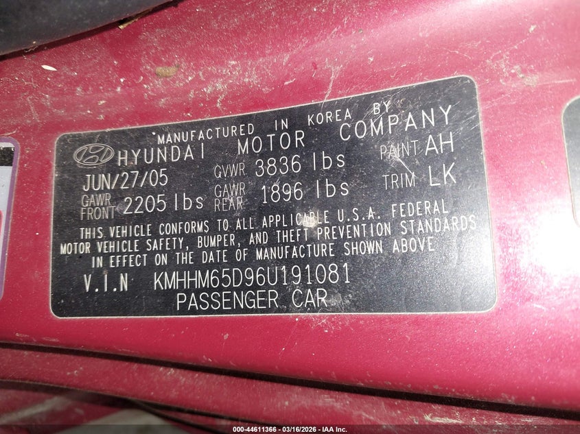 2006 Hyundai Tiburon Gs VIN: KMHHM65D96U191081 Lot: 44611366