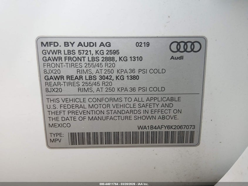 2019 Audi Sq5 3.0T Premium VIN: WA1B4AFY6K2067073 Lot: 44611764