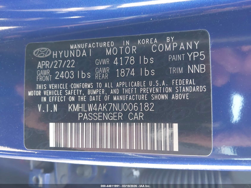 2022 Hyundai Elantra N VIN: KMHLW4AK7NU006182 Lot: 44611991