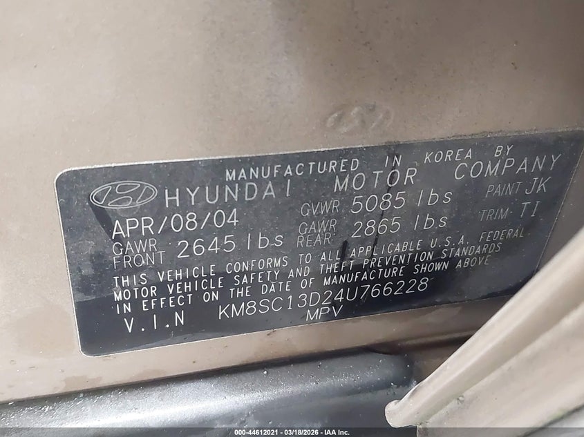 2004 Hyundai Santa Fe Gls VIN: KM8SC13D24U766228 Lot: 44612021