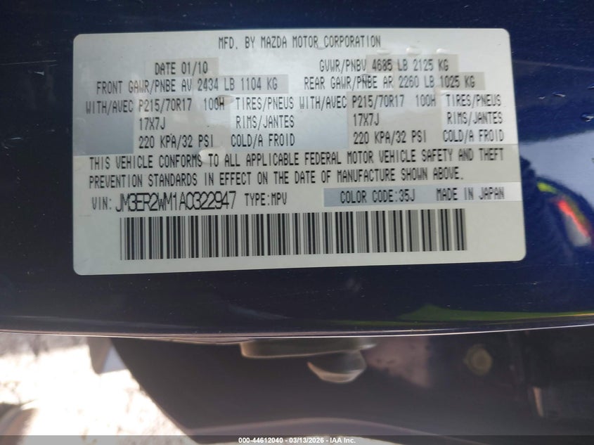 2010 Mazda Cx-7 I Sv VIN: JM3ER2WM1A0322947 Lot: 44612040