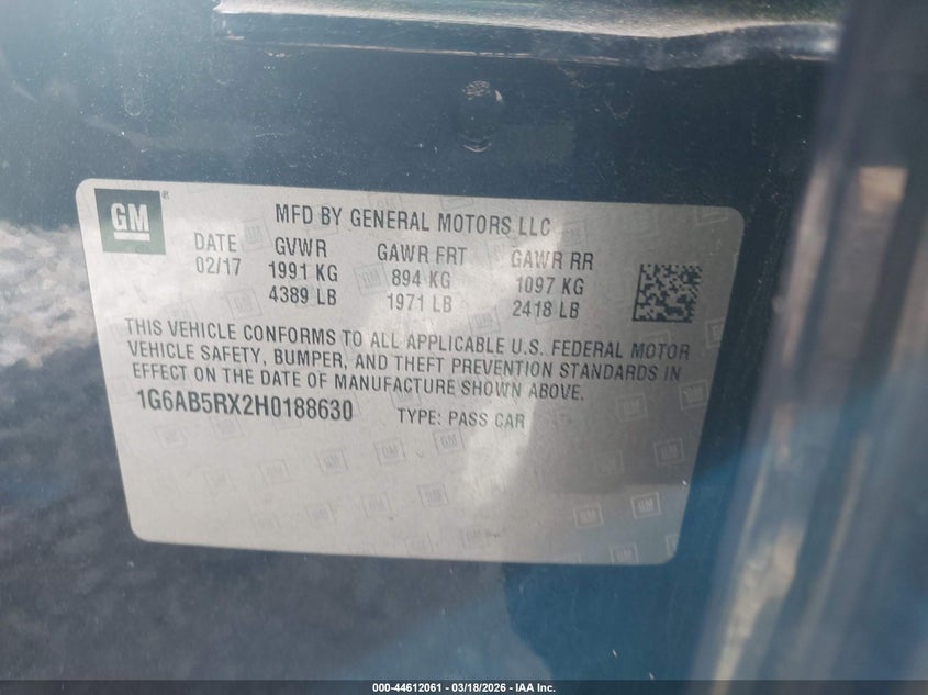 2017 Cadillac Ats Luxury Rwd VIN: 1G6AB5RX2H0188630 Lot: 44612061