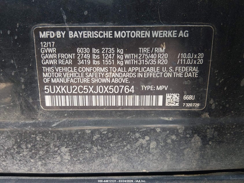 2018 BMW X6 xDrive35I VIN: 5UXKU2C5XJ0X50764 Lot: 44612131