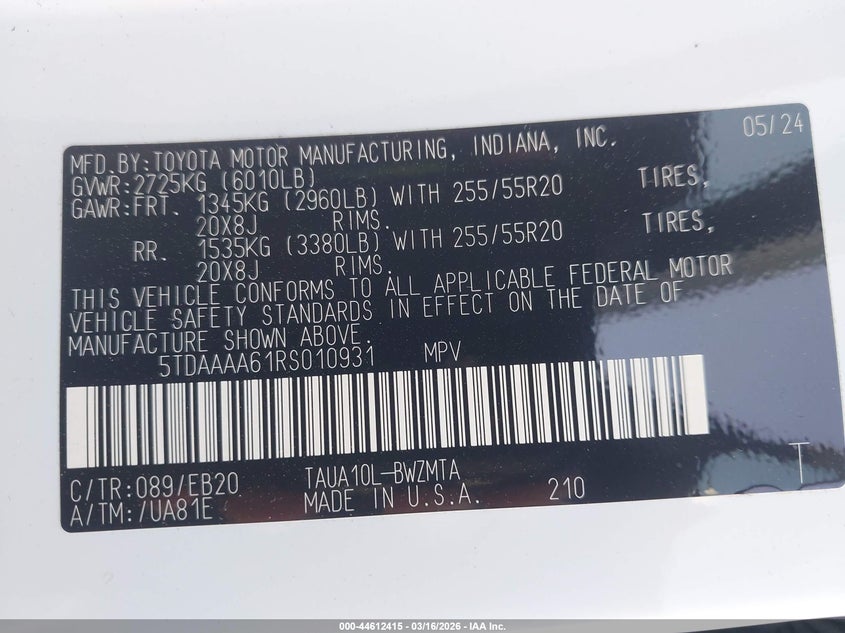 2024 Lexus Tx 350 Premium VIN: 5TDAAAA61RS010931 Lot: 44612415