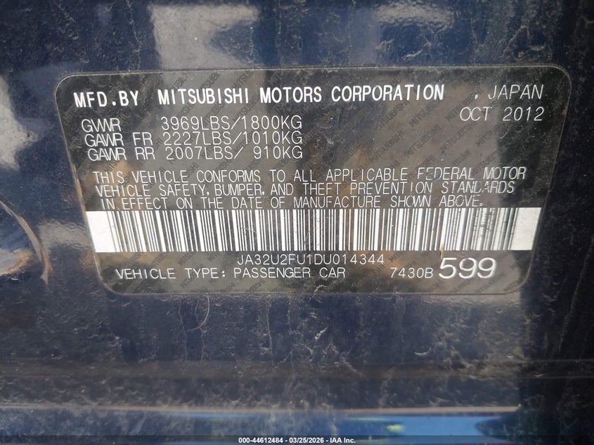 2013 Mitsubishi Lancer Es VIN: JA32U2FU1DU014344 Lot: 44612484