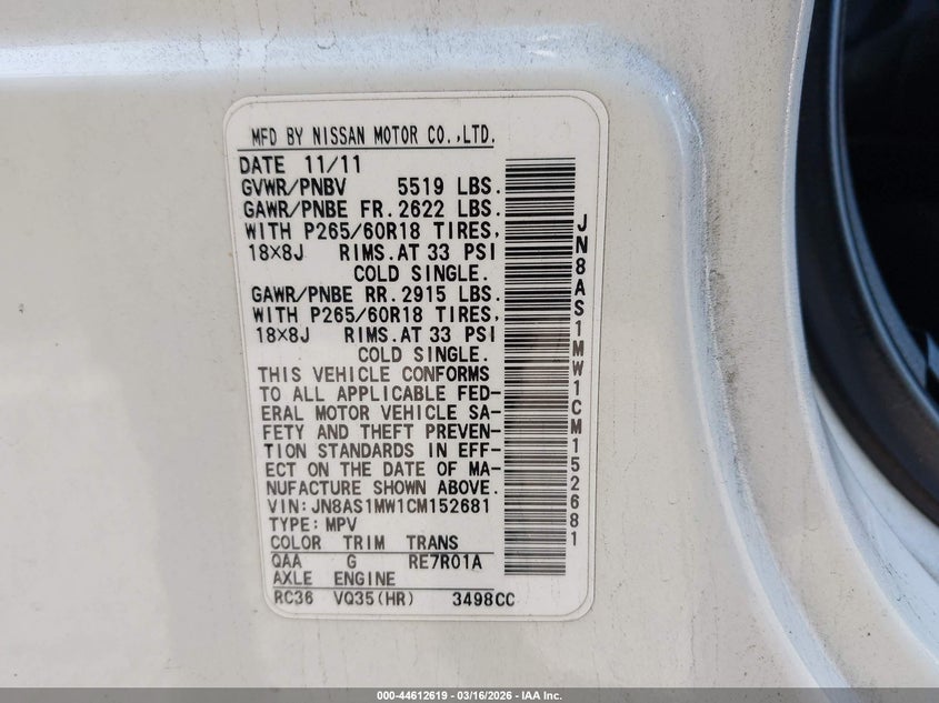 2012 Infiniti Fx35 VIN: JN8AS1MW1CM152681 Lot: 44612619