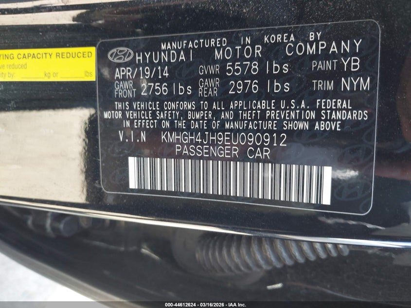 2014 Hyundai Equus Signature VIN: KMHGH4JH9EU090912 Lot: 44612624