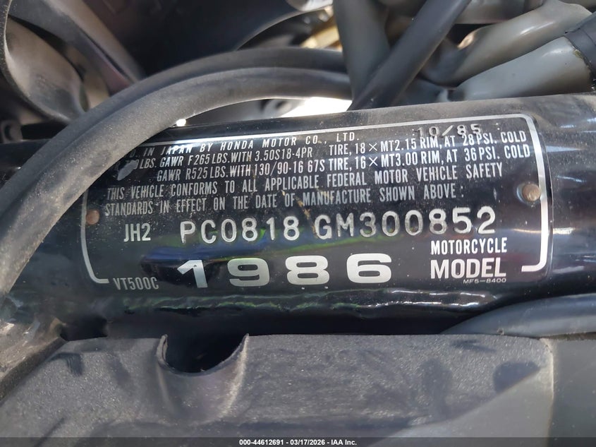 1986 Honda Vt500 C VIN: JH2PC0818GM300852 Lot: 44612691
