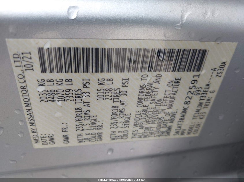 VIN 5N1AT3BA0MC822591 2021 NISSAN ROGUE SV FWD