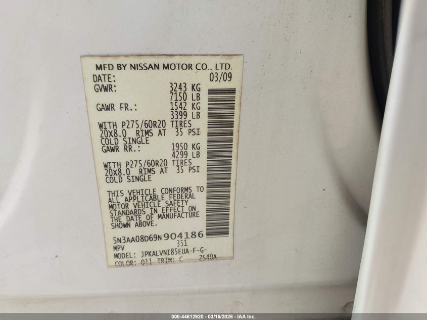 2009 Infiniti Qx56 VIN: 5N3AA08D69N904186 Lot: 44612920