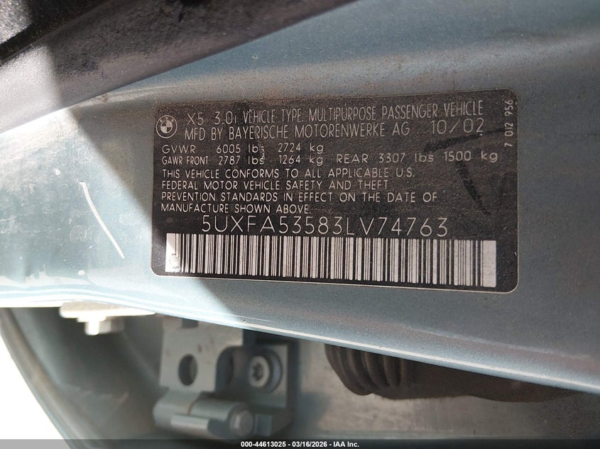 2003 BMW X5 3.0I VIN: 5UXFA53583LV74763 Lot: 44613025