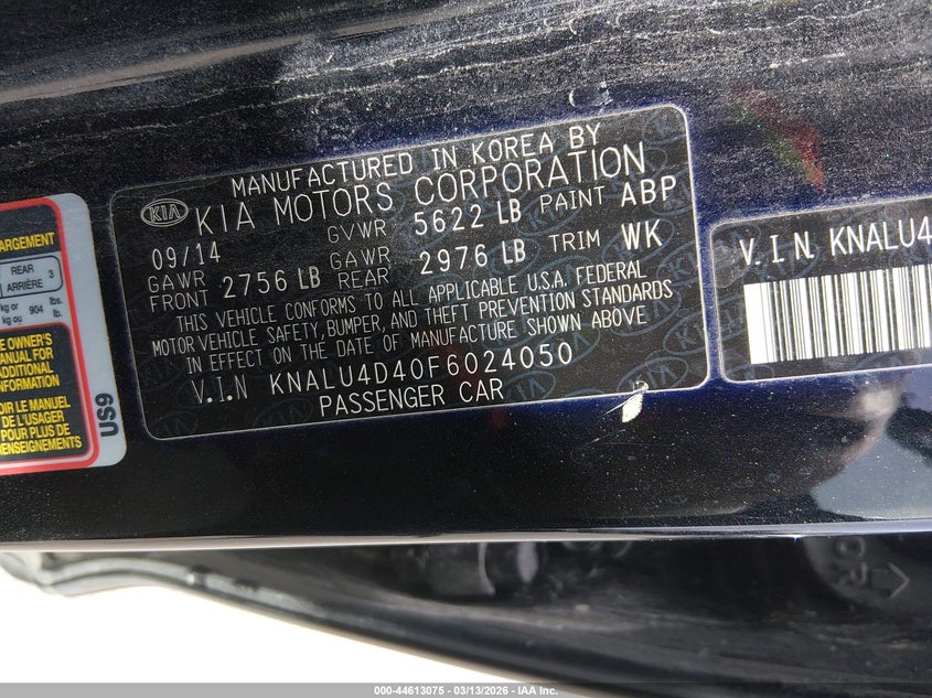 2015 Kia K900 Premium VIN: KNALU4D40F6024050 Lot: 44613075