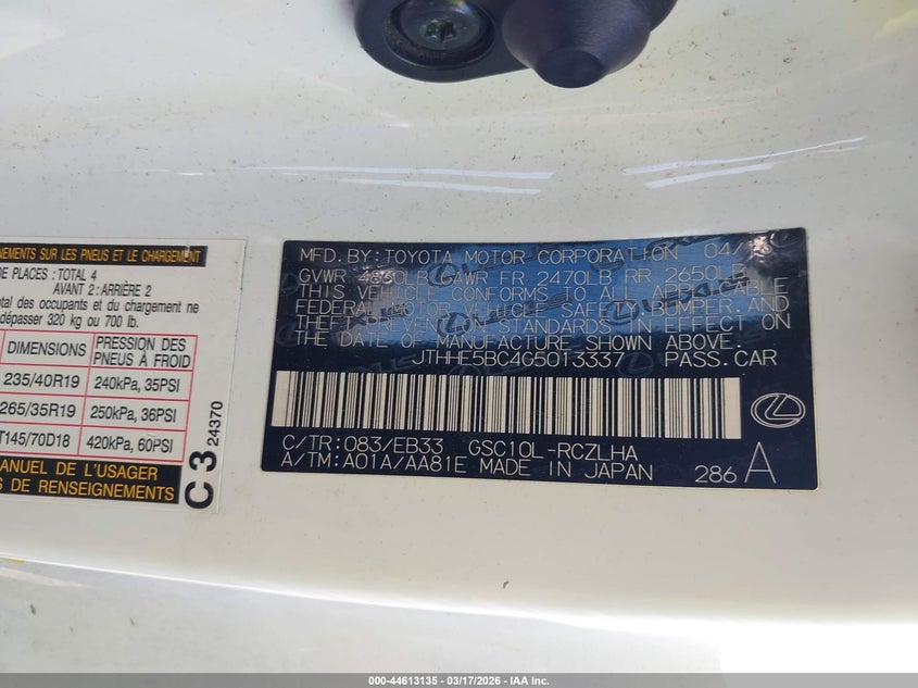 2016 Lexus Rc 350 VIN: JTHHE5BC4G5013337 Lot: 44613135